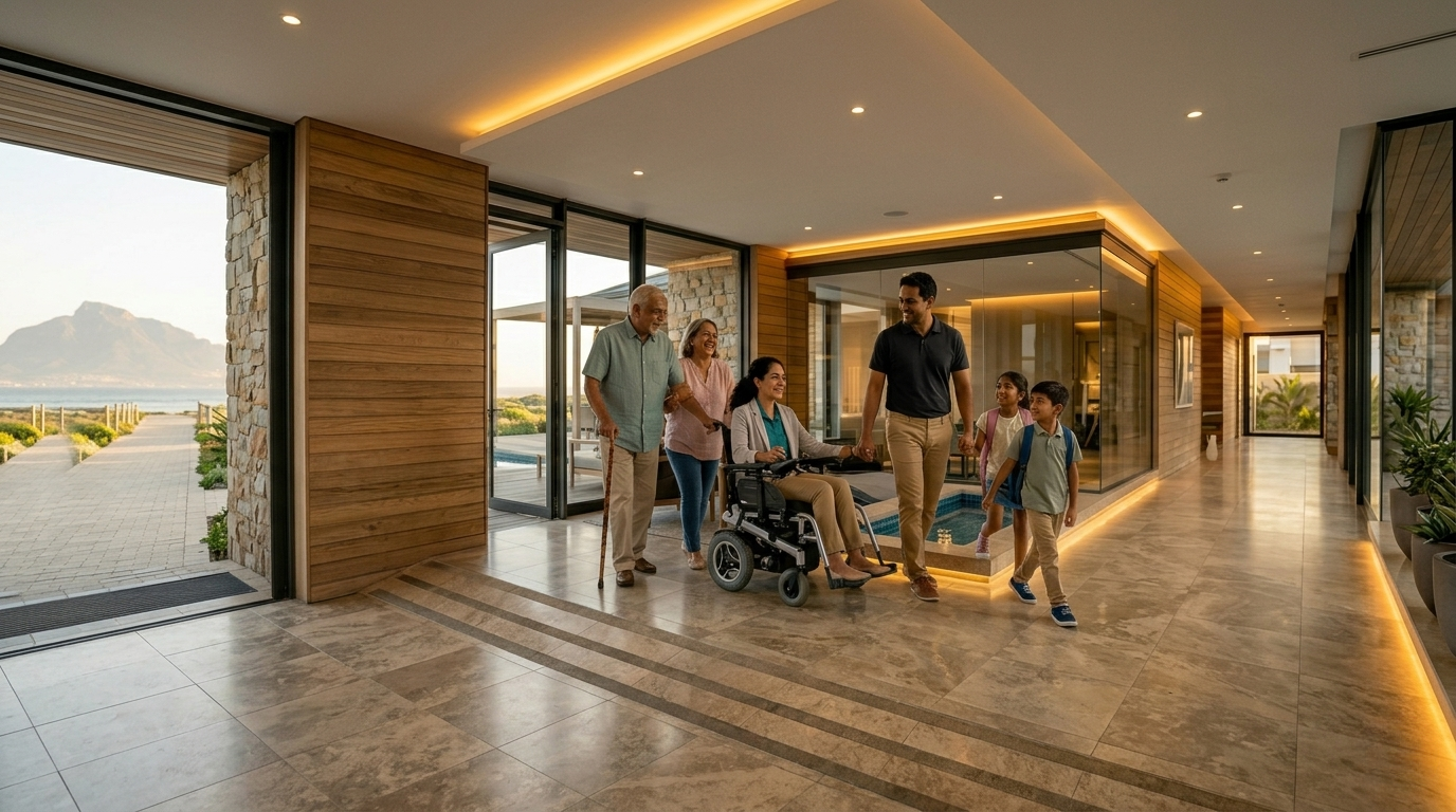 Multi generational family entering hotel.